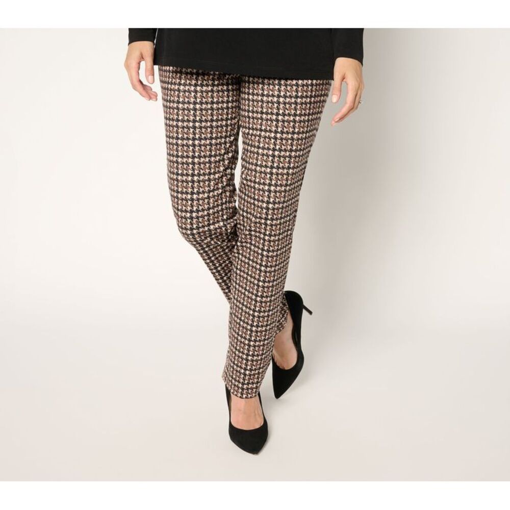 Susan Graver Women's Pants Sz XS Printed Ponte Straight Leg Pull Brown A700448